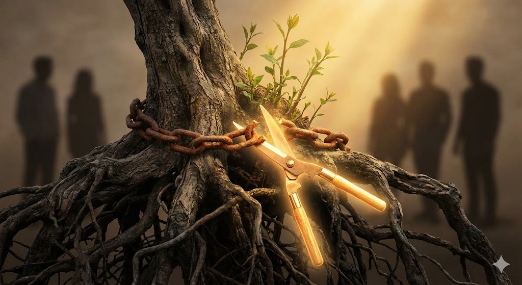 先祖代々続く家系のカルマを象徴する光の糸を、現世の人物が断ち切り浄化するイメージ。負の連鎖を終わらせるスピリチュアルな解放を表現。