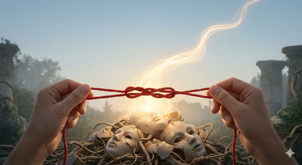 人間関係のトラブルの原因となる因業の糸をほどくイメージ。対人関係の摩擦をカルマの視点から捉え直し、和解へ導くスピリチュアルな解決策を表現。