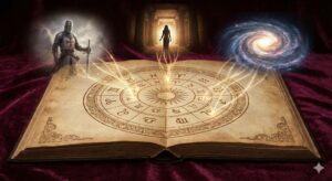 古いホロスコープの本から光が放たれ、中世の騎士、古代の神殿、銀河が浮かび上がっている幻想的な画像
