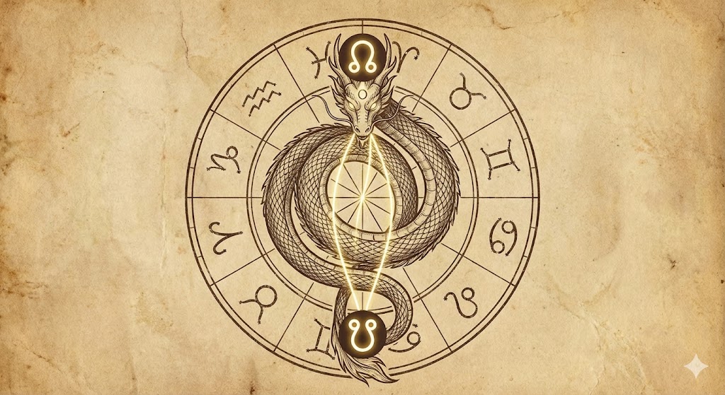 ホロスコープチャート上で対極に光るドラゴンヘッドとドラゴンテイルの記号。魂の過去と未来をつなぐノード軸の意味を象徴する神秘的な占星術のイメージ