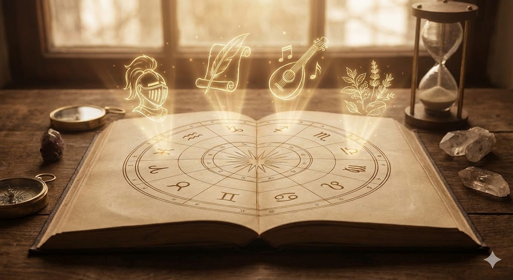 ホロスコープの盤面から、騎士や神殿の神官など前世の職業を象徴するシルエットが浮かび上がる神秘的なイラスト。占星術で魂の才能を読み解くイメージ