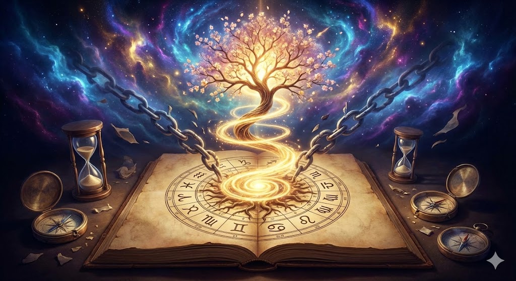 ホロスコープから光が上昇し、過去から未来へ向かう魂の進化を描いた神秘的なイラスト。今世で取り組むべき課題と精神的な成長を象徴するイメージ