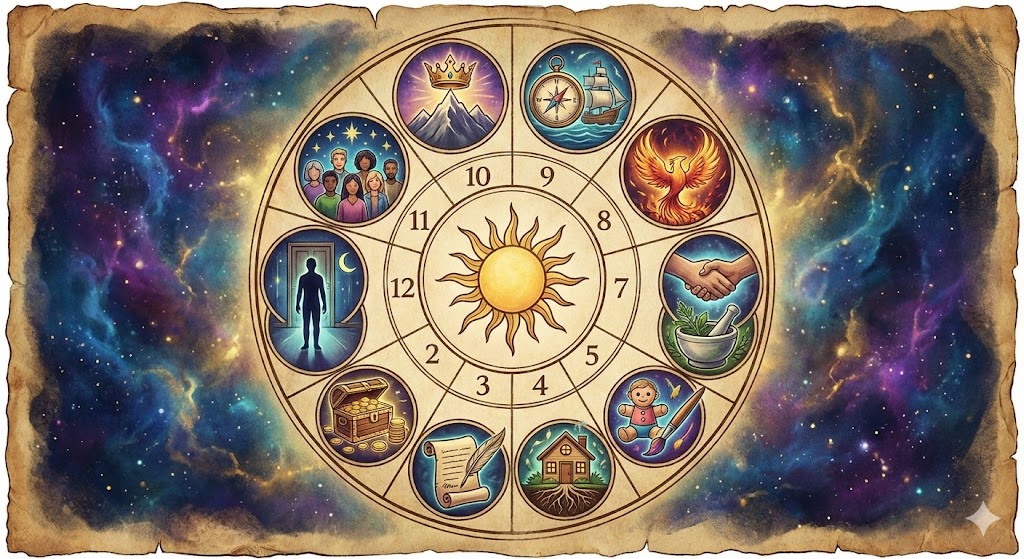 ホロスコープの12ハウスが持つ意味を象徴的なイラストで図解したチャート。各ハウスのテーマ（自分、家庭、仕事など）が視覚的に表現された神秘的な画像。