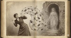 古い書物から溢れ出る虫の群れに怯える女性と前世の記憶を司る女神の幻影。虫が怖い心理とスピリチュアルな因果関係を象徴的に描いた幻想的なイラスト。