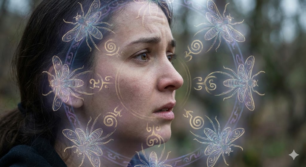 虫が怖い心理とスピリチュアルな意味を描いたイラスト。虫の群れに怯える女性の姿を通して、深層心理に潜む魂の記憶や見えない恐怖の根源を表現。