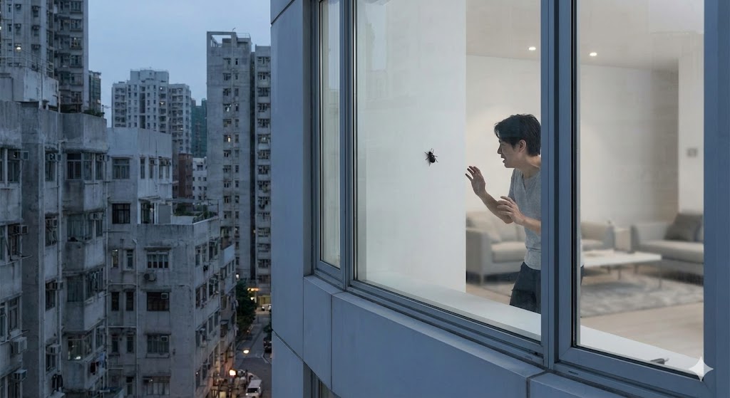 清潔な都市の部屋に現れた虫の影に怯える様子を描いたイラスト。都会生活における自然の欠如が招く異物への根源的な恐怖心を象徴的に表現。