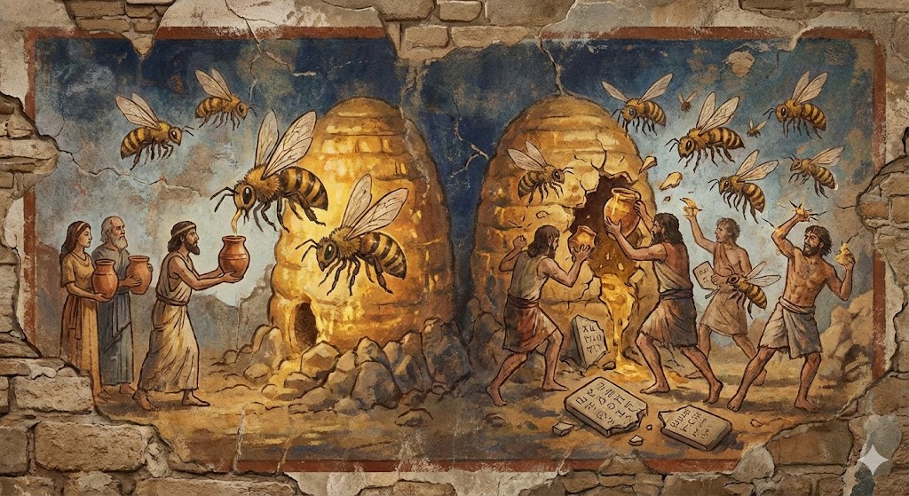 蜂の群れと蜜を巡る契約や搾取の記憶を象徴的に描いたイラスト。前世からのカルマが引き起こす蜂への恐怖心をスピリチュアルな視点で表現。