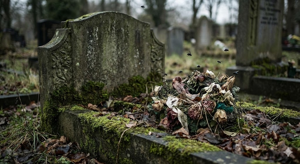 ハエの羽音が呼び覚ます不衛生な死の記憶と前世のトラウマをイメージしたイラスト。腐敗や孤独死に関連するスピリチュアルな恐怖心を象徴的に表現。