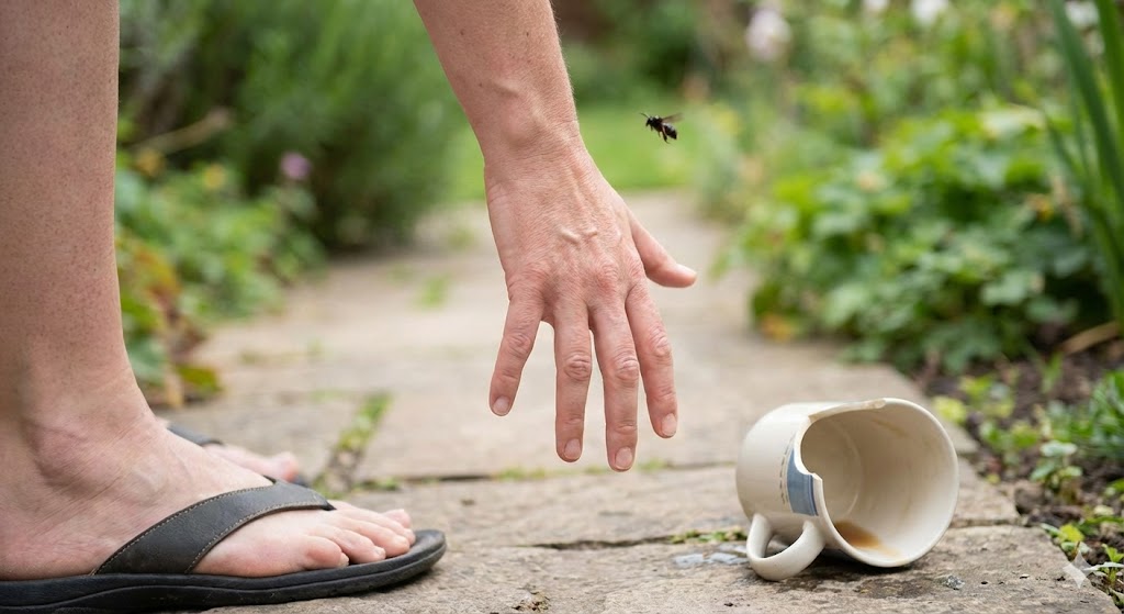 鋭い針を持つ虫の襲来と予期せぬ死の衝撃を描いたイラスト。前世における暗殺や不意打ちの記憶が引き起こす刺す虫への恐怖をスピリチュアルに表現。