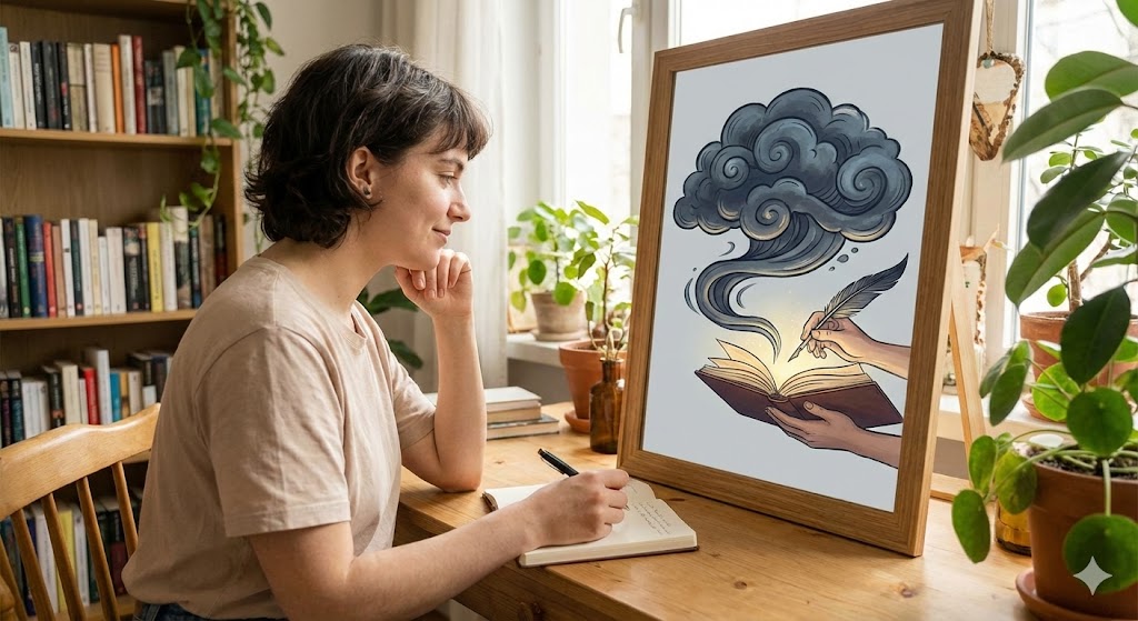 恐怖を物語として書き換える自己対話を描いたイラスト。虫への恐怖を前世の記憶という物語に変換し、客観視して克服するスピリチュアルな癒しのプロセスを表現。