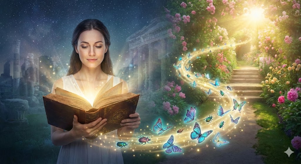 虫が怖いという前世からのサインを受け入れ、人生を好転させるイメージを描いたイラスト。恐怖をメッセンジャーとして捉え直し、魂の成長に活かす様子を表現。