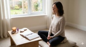 静かな窓辺でリラックスして瞑想する女性。テーブルにはキャンドルやノートがあり、自分で前世リーディングを行うための落ち着いた環境と実践の様子を表した写真。