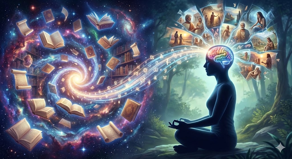 瞑想により変性意識状態に入り、潜在意識下にある前世の記憶やアカシックレコードへアクセスする仕組みを表現したイメージ画像。内面探求の様子。