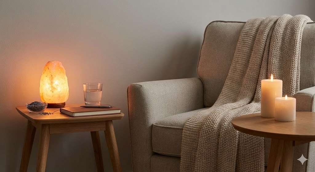 前世リーディングを安全に行うために整えられた部屋の環境。間接照明やキャンドルを使い、リラックスして瞑想できる静かな空間設定を表したイメージ画像。