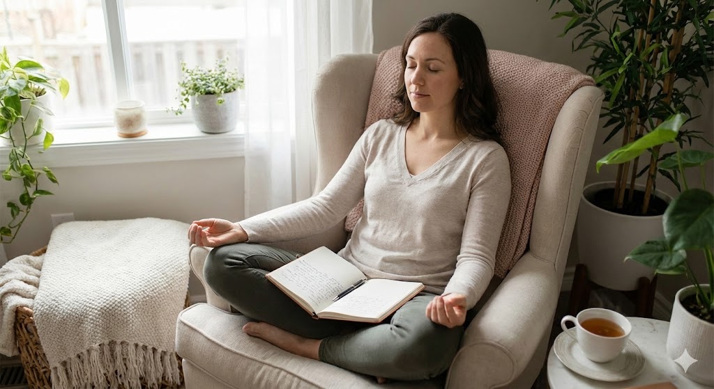 自宅のリラックスした環境で、簡単な自己催眠の誘導スクリプトを読みながら目を閉じ、潜在意識へのアクセスを試みる女性の様子。瞑想の実践風景。