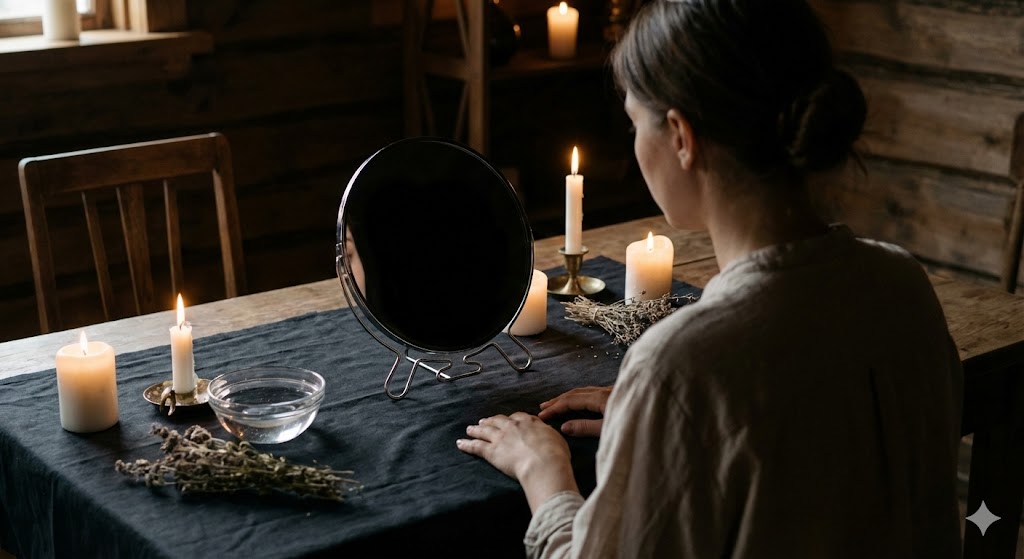 薄暗い部屋でブラックミラーを見つめスクライイングを行う様子。キャンドルの光で変性意識に入り、鏡に前世のビジョンを視覚化する技法のイメージ画像。