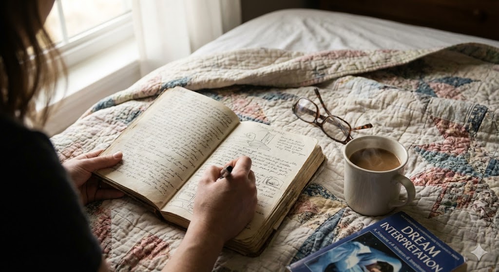 就寝前の枕元に用意されたノートとペン。睡眠中の潜在意識から前世のメッセージを受け取るための、夢日記をつける習慣を表したイメージ画像。