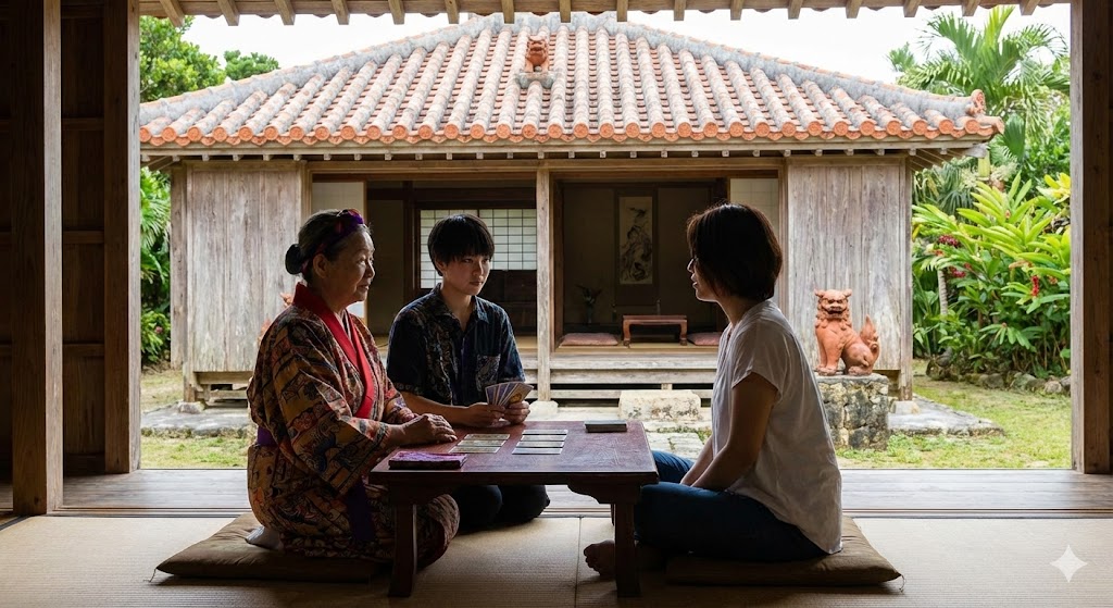 沖縄の海辺で佇む女性。前世を透視する本物のユタや評判の占い師による鑑定を象徴し、魂の浄化とスピリチュアルな旅の始まりを表現したイメージ写真です。