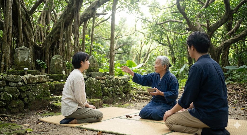 沖縄の緑豊かな森にある拝所で、伝統的な装束をまとった本物のユタが相談者と対面している様子。真剣な眼差しで語りかけ、魂の導きを与えている神聖なセッションの光景。