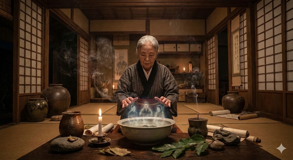 沖縄の伝統的霊視ミートゥシーで前世を見通すユタの姿。神秘的な光の中で過去生の記憶が紐解かれ、魂のルーツを探る瞬間を捉えたスピリチュアルなイメージです。