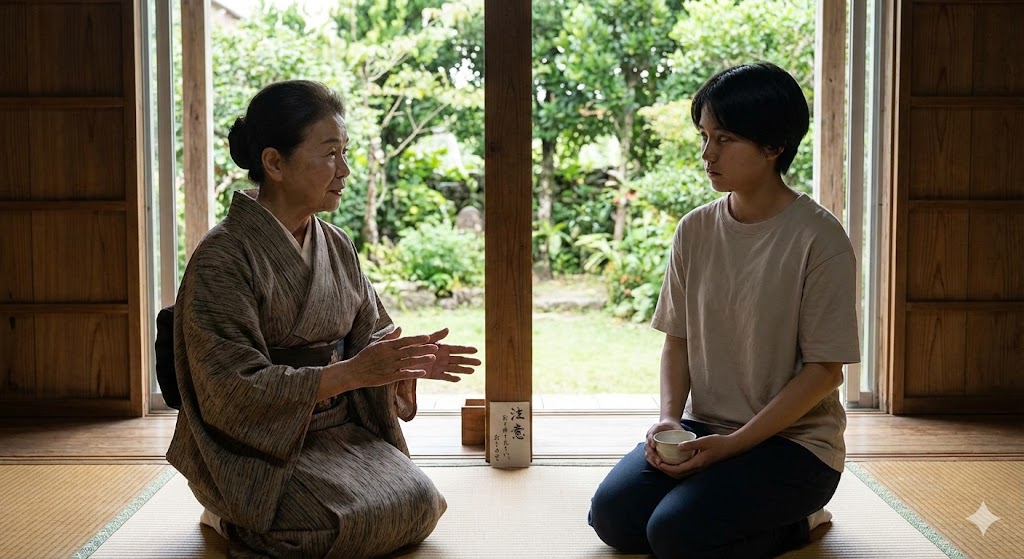 沖縄の和室で、ユタが相談者に前世鑑定の際の注意点を真剣に説明している様子。手前の『注意』の書き置きが重要な助言であることを示すスピリチュアルな一枚。