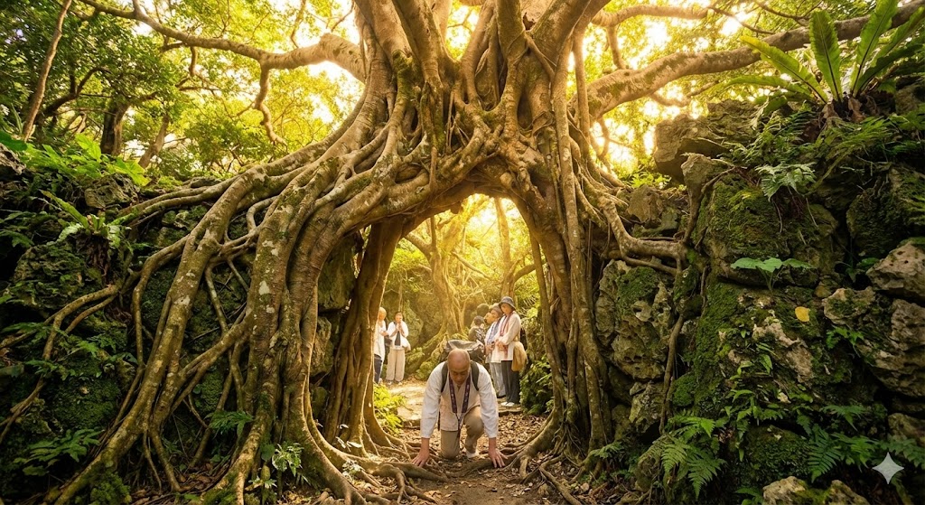 沖縄の聖地・大石林山にある、巨大なガジュマルの根が形成する自然のトンネル。生まれ変わりを体験する巡礼者がその下をくぐり抜ける、神秘的なパワースポットの様子。