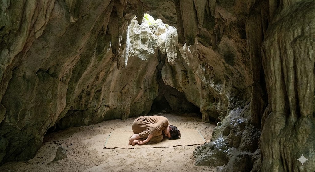 沖縄の自然洞窟ガマに差し込む神秘的な光。母胎内のような空間での胎内回帰体験が、前世のカルマを浄化し魂の再生へと導くスピリチュアルな生まれ変わりの様子。