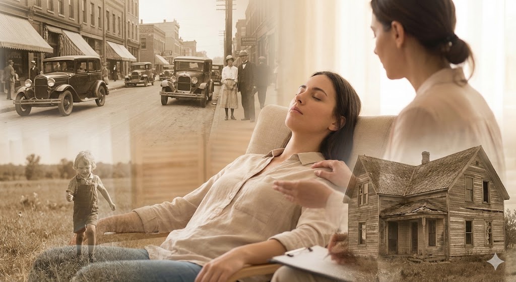 沖縄で受けるヒプノセラピーのイメージ。深い催眠状態で潜在意識にアクセスし、前世の記憶を辿ることで魂を癒やす、医学的アプローチに基づいた前世療法の様子。