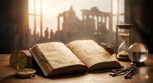 前世を知るヒントを象徴する古い書物と鍵、砂時計の画像。魂の記憶や過去世のルーツを紐解くスピリチュアルな旅路を表現した神秘的なビジュアル。
