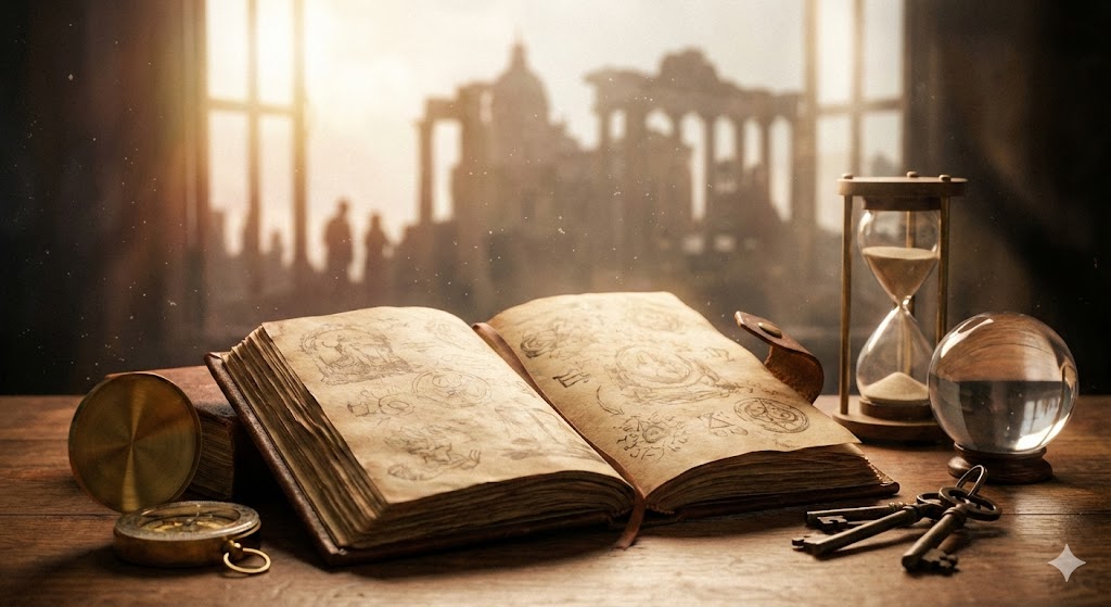 前世を知るヒントを象徴する古い書物と鍵、砂時計の画像。魂の記憶や過去世のルーツを紐解くスピリチュアルな旅路を表現した神秘的なビジュアル。