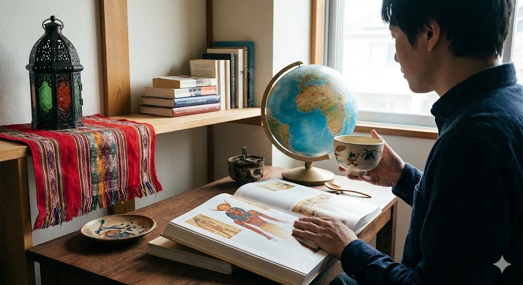 前世を知るヒントとなる、文化的親和性やゼノフィリアの傾向を示す写真。地球儀や古代エジプトの本など、特定の異文化に強く惹かれる男性の様子を描写。