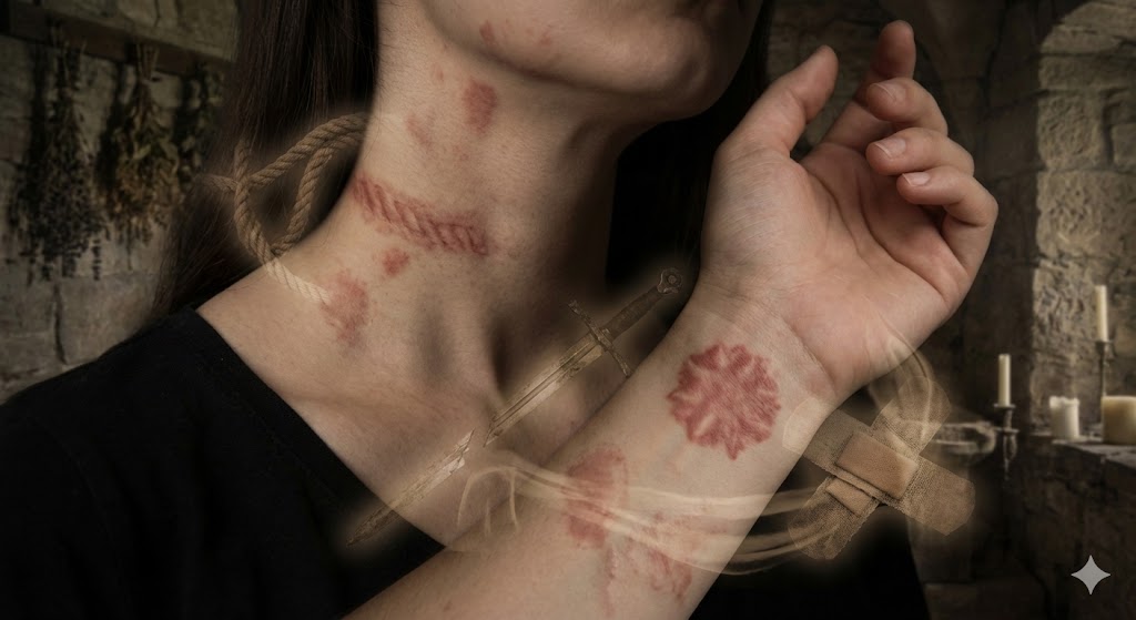 前世を知るヒントとして、首や手首にある特徴的なアザや母斑を描いたイメージ画像。過去世の傷跡が生まれ変わりと共に現れるスピリチュアルな意味を表現。