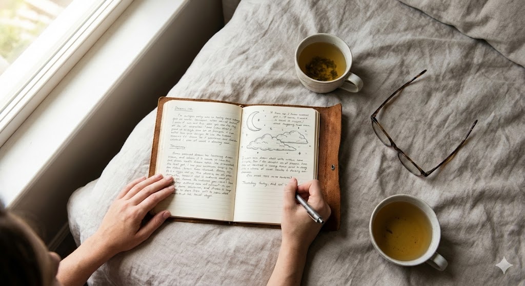 夢日記をつけて前世の記憶を思い出すためのイメージ画像。古いノートやペン、砂時計が配置され、夢からのメッセージを記録するスピリチュアルな習慣を表現。