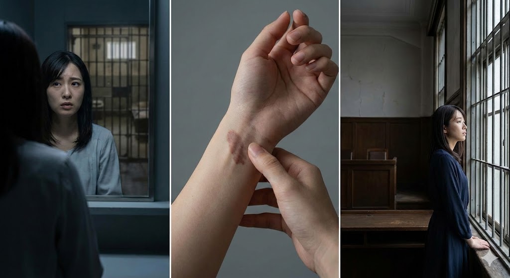 前世が犯罪者だった人の特徴を示す、鏡に映る牢獄、手首のアザ、法廷で窓の外を見つめる日本人女性のイメージ画像。