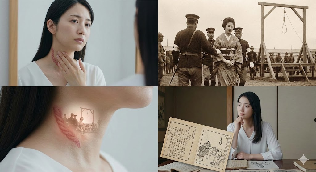 前世で処刑された記憶の可能性がある、首のアザを持つ日本人女性。犯罪者だった過去世の特徴とスピリチュアルな意味を表すイメージ画像。