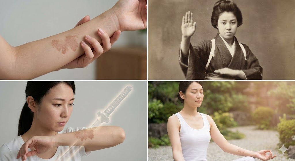 前世の暴力のカルマを示す、腕にアザがある日本人女性のイメージ画像。防御創や加害の記憶として現れる身体的特徴をスピリチュアルな視点で表現。