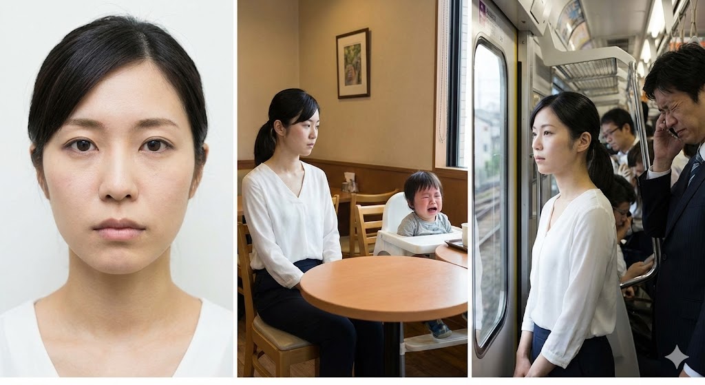 前世が犯罪者だった影響でサイコパス的な冷酷さを持つ日本人女性のイメージ。感情が欠落した冷たい表情や鋭い眼光など、性格的な特徴を表す画像。