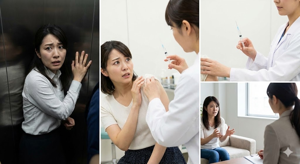 前世のトラウマによる閉所恐怖症や先端恐怖症に怯える日本人女性。過去の処刑や監禁の記憶が蘇る恐怖の表情を描いたスピリチュアルなイメージ画像。