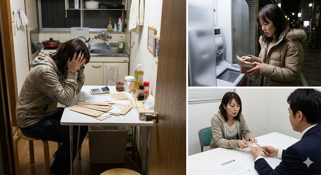前世のカルマによる貧困や借金に苦しむ日本人女性のイメージ。請求書に悩み、少ない現金に困窮し、借金を返済して清算しようとする一連の姿を描写した画像。