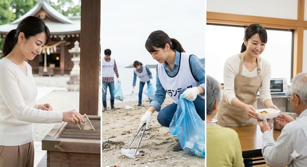 神社で寄付をする、海岸でゴミ拾いのボランティア活動、高齢者施設で食事の配膳を手伝う日本人女性の様子。徳を積むための具体的な行動を示す3枚の連作画像。