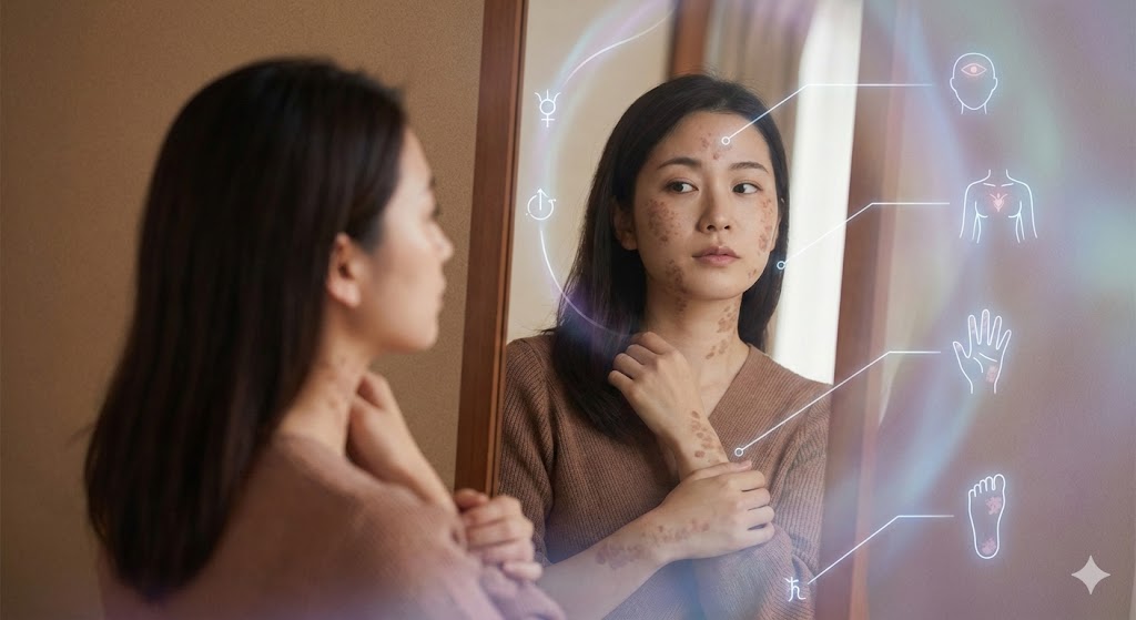 鏡を見つめる女性と、顔や腕のアザがスピリチュアルな意味を持つことを示す神秘的なアイコン。