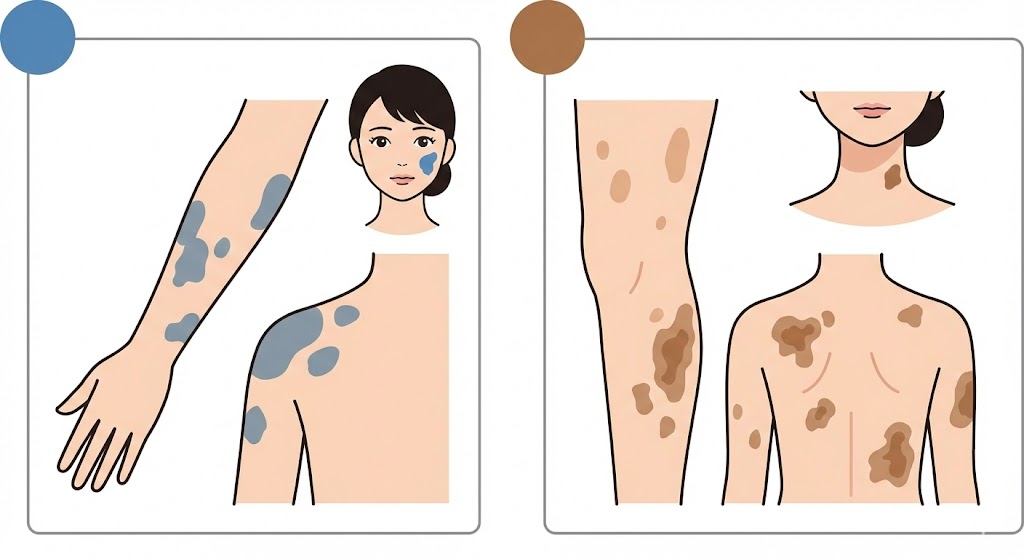 腕や顔にある青あざと茶あざの種類を確認する女性。蒙古斑や扁平母斑など、色素の深さやメラニンの違いによるアザの医学的な分類を示すイメージ。