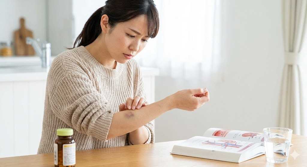 身に覚えがないアザを腕に見つけ、原因を考える日本人女性。ストレスや血管の脆弱化など、打撲以外の医学的な理由による内出血を確認するイメージ。
