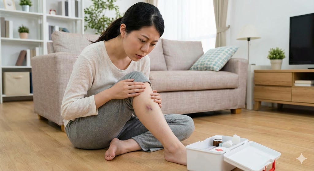 足に突然できたアザを確認する日本人女性。下肢静脈瘤や痛風など、打撲以外の病気の可能性や注意点をチェックしている様子を表したイメージ画像。