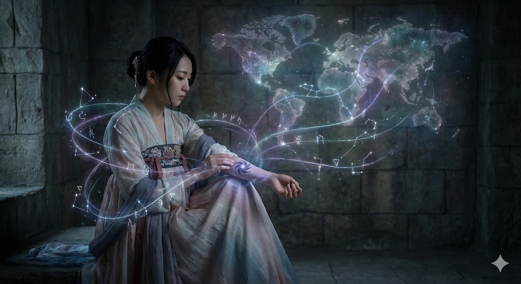 鏡を見つめ、アザとスピリチュアルな深い関係に思いを馳せる日本人女性。身体のマークが魂の記憶や天からのメッセージであることを表現したイメージ。