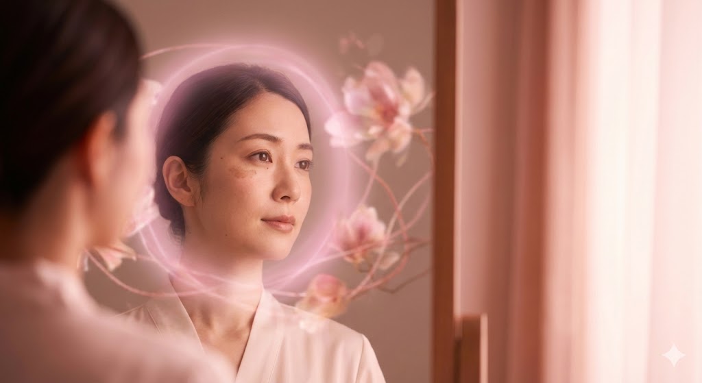 目元や頬のアザが示す恋愛運や異性トラブルの傾向を鏡で確認する女性。人相学的な視点で、泣きぼくろや妻妾宮の意味を表現したイメージ画像。