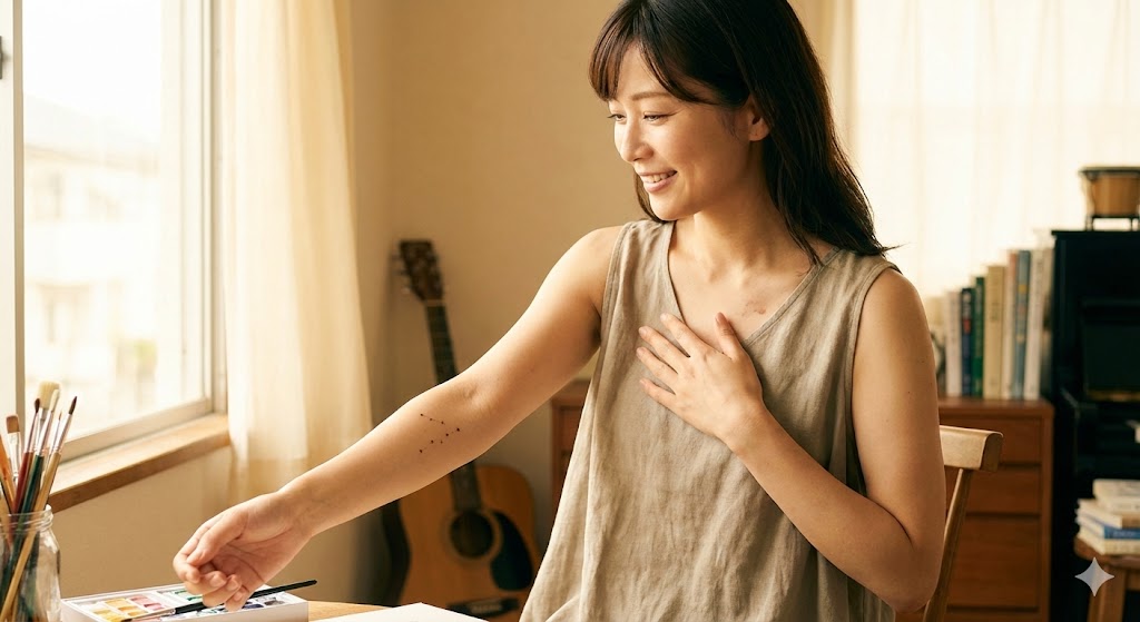 胸や腕のアザが示す愛の使命や隠れた才能を確かめる女性。ハートチャクラや職人の相など、アザが持つスピリチュアルな意味を表現したイメージ画像。