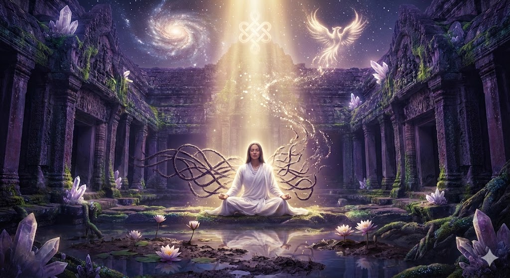 古代遺跡で瞑想し光に包まれ黒い鎖が解き放たれる女性のイメージ。スピリチュアルな視点でのカルマ解消と魂の浄化、解放を象徴する神秘的なイラスト。