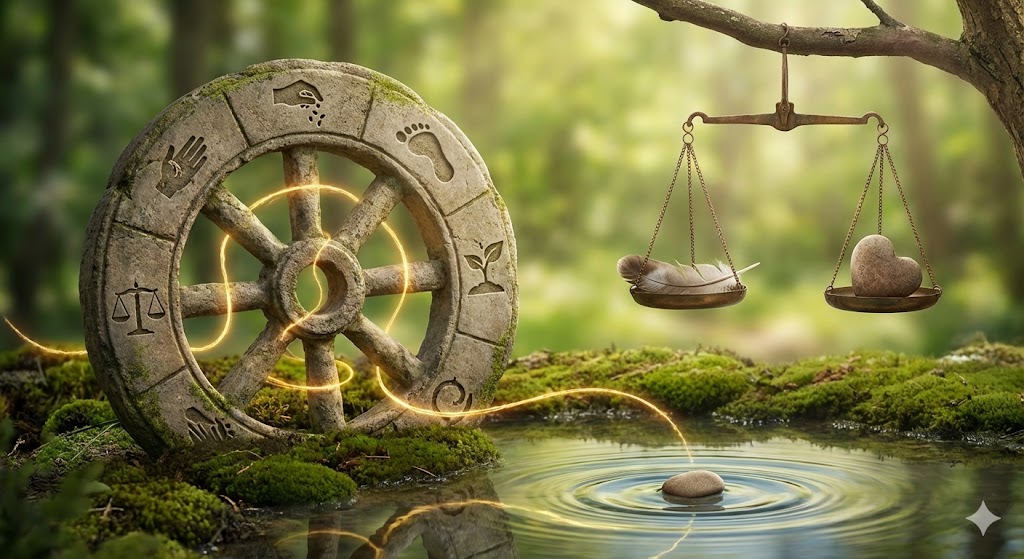 苔むした森の中で、天秤と因果の車輪が黄金の光で結ばれ、水面に波紋が広がる様子。カルマ(業)の定義や因果応報の法則を象徴するスピリチュアルな写真。