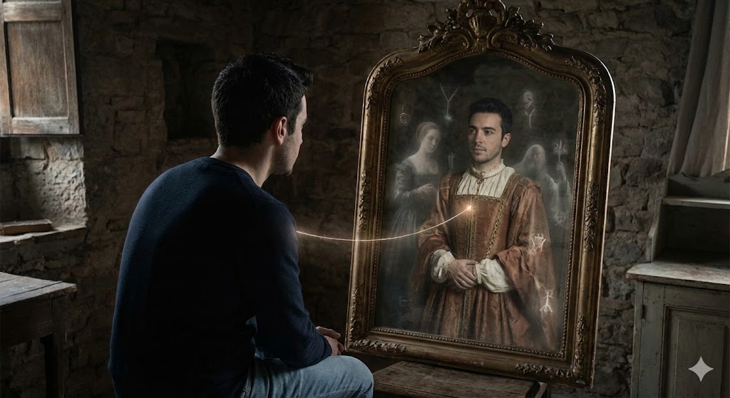 古びた鏡を見つめる男性と、鏡の中に映るルネサンス時代の自身の姿が光の糸で繋がっている写真。前世のカルマが現世に与える影響と魂の繋がりを象徴するイメージ。